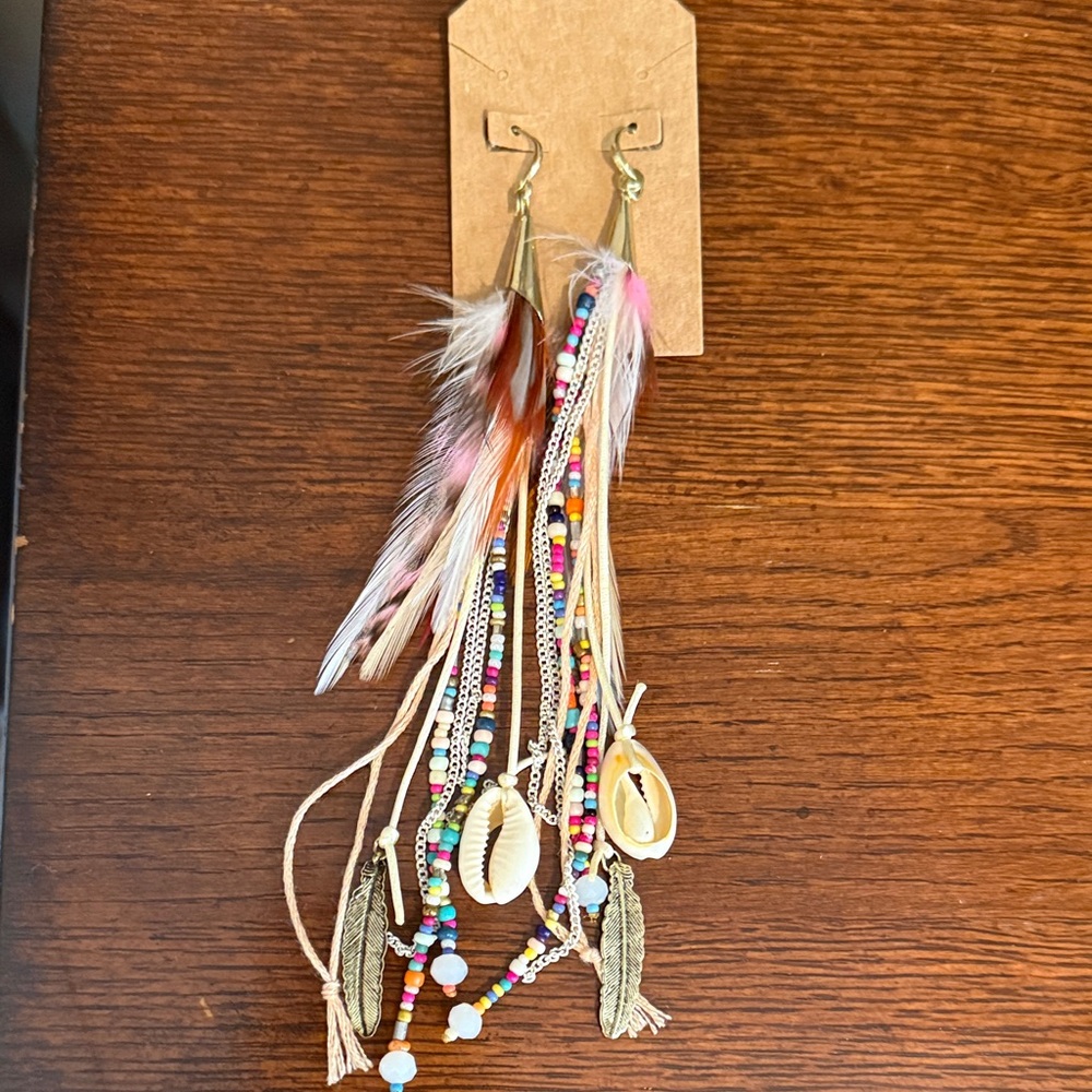 Bohemian Feather Shell and Bead Earrings